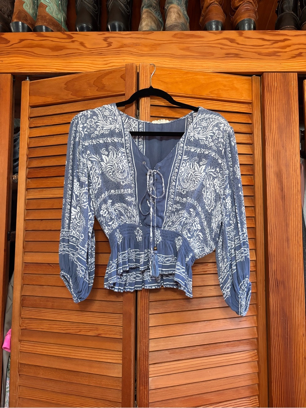 Boho Tie-Front Peasant Top - Blue Paisley